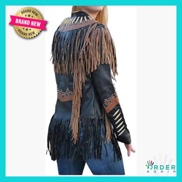 Western Leather Jacket Genuine Cowhide Fringe Tassels Cowgirl Style Classic - Picture 2 of 7